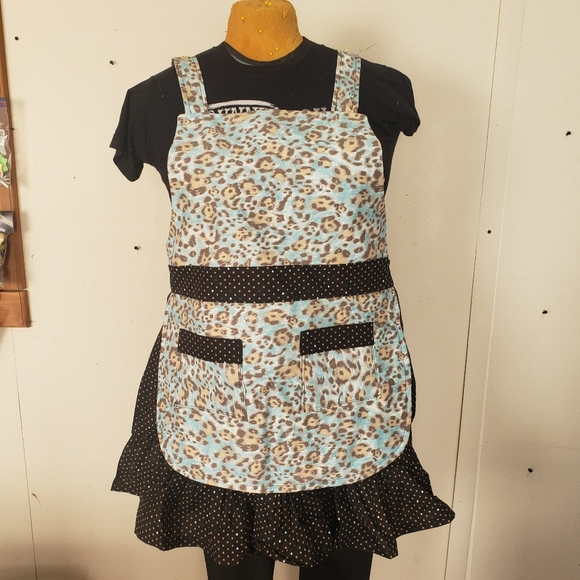 Teal Leopard Print Handmade Kitchen Apron - Picture 2 of 9